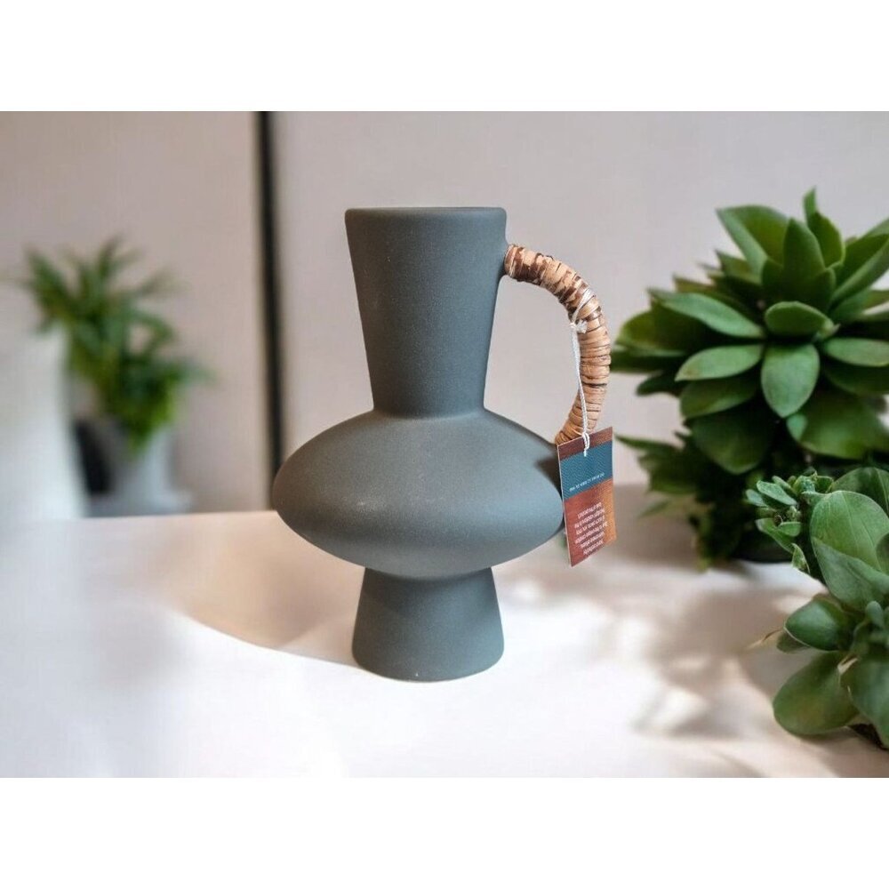 Vtg Rustic Green Modern Retro Art Rattan Boho Ceramic Flower Vase Room Decor